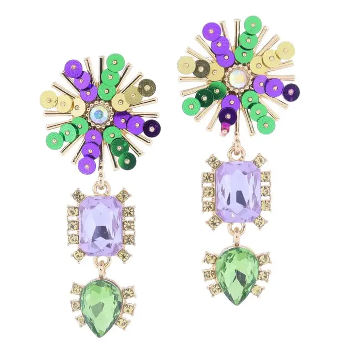 Sunburst, Purple, Green, Gold Sequins & Ab Crystal Earrings