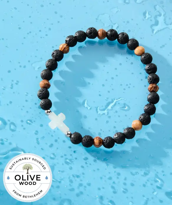 Holy Water Men's Olive Wood Cross Bracelet