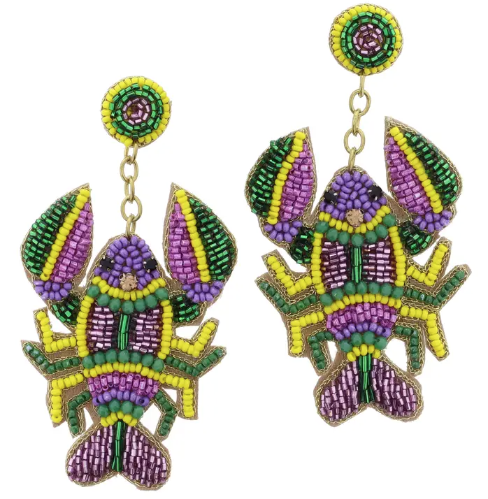 Beaded Mardi Gras Crawfish Earrings