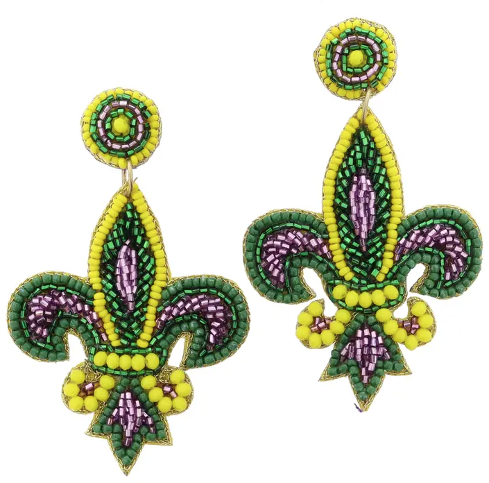 Beaded Mardi Gras Fleur De Lis Earrings