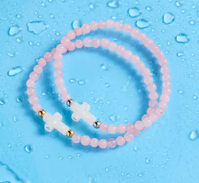 Holy Water Rose Quartz Cross Bracelet
