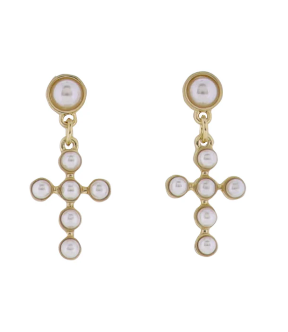 Gold Pearl Stud Earring with Pearl Cross