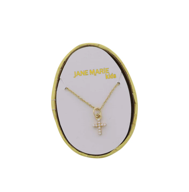 Kids Pearl Cross on Gold Rolo Chain Necklace