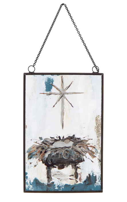 Jesus in Manger (Blue) Glass Ornament