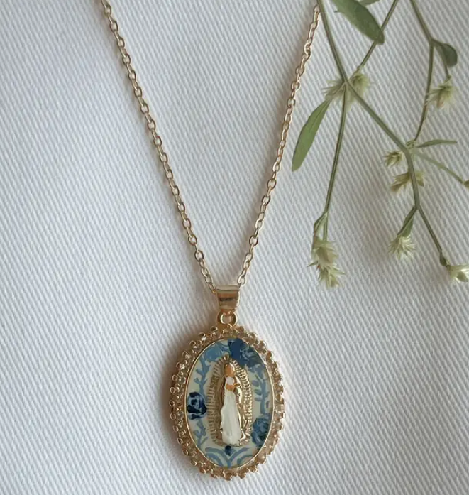 Mary in Blue China Necklace