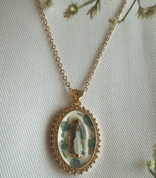 Mother Mary in Blue Roses Necklace