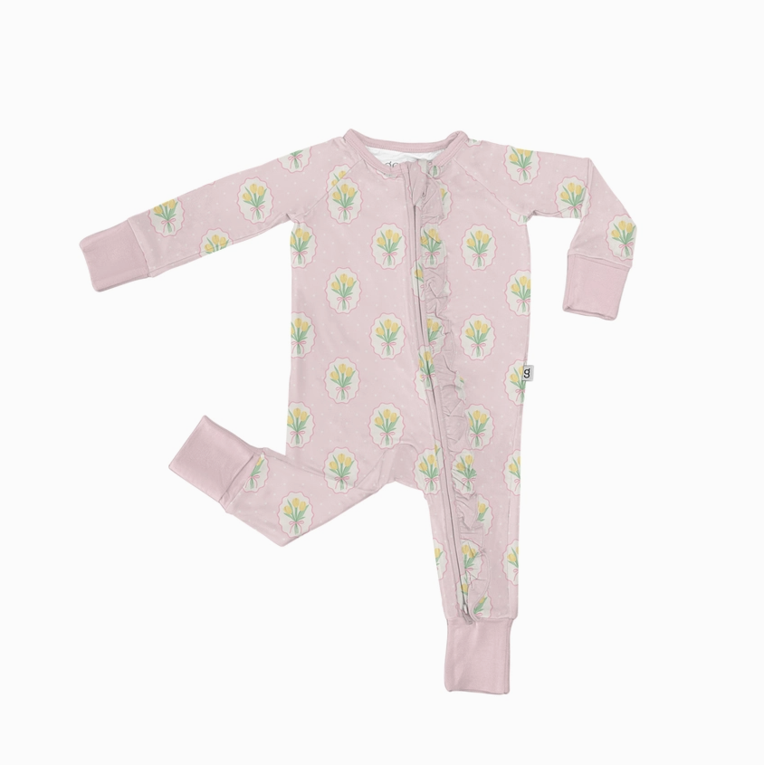 Pink Fancy Tulips Zip with Ruffles (3-6 months)