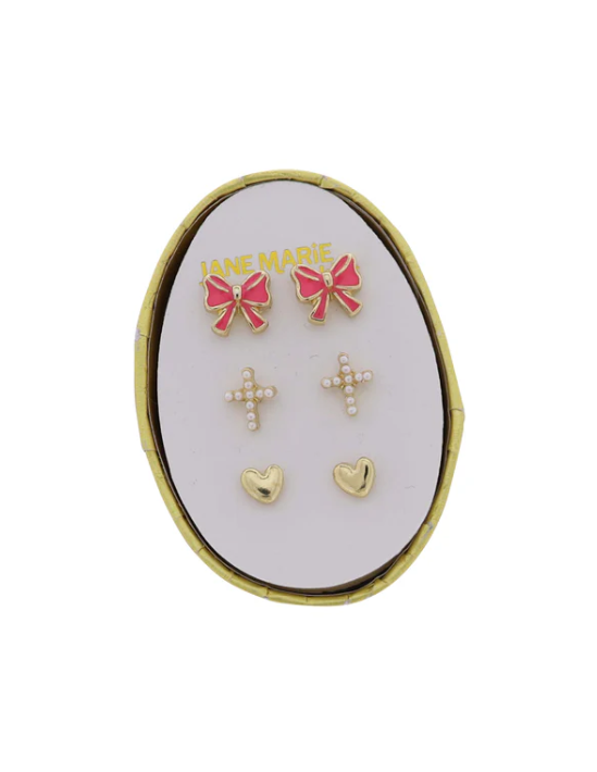 Kids Set of 3 Stud, Pink Bow, Pearl Cross, Gold Heart Earring