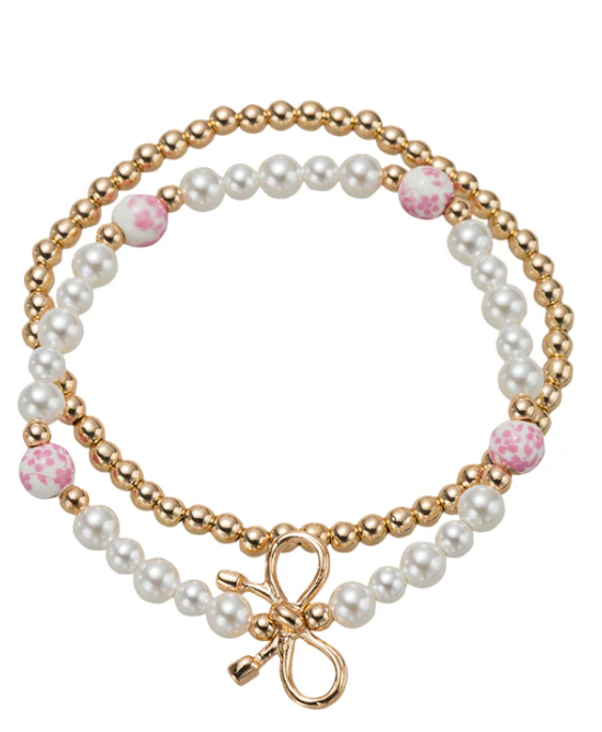 Set of 2 Beaded Stretch PInk/PearlBracelet with Gold Bow in Body
