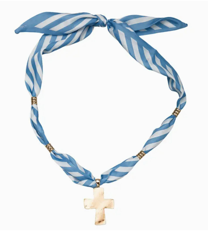 Blue, White Stripe Pattern Tie Necklace with Gold Cross