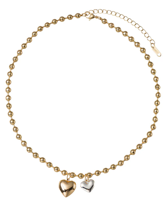 18K Gold Plated Gold Ball Beaded Necklace with Two Tone Hearts
