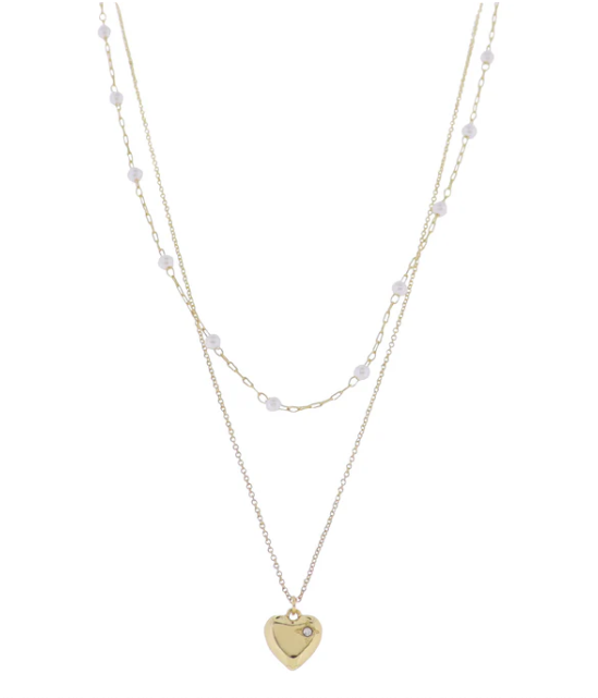 18K Gold Plated 2 Layer Pearl Station & O-Shape Chain Necklace with Gold Bubble Heart