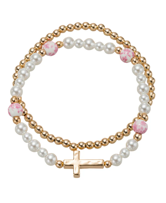 Kids Pearl, Gold, Pink Floral Bead, Set of 2 Beaded Stretch Bracelet with Gold Cross in Body