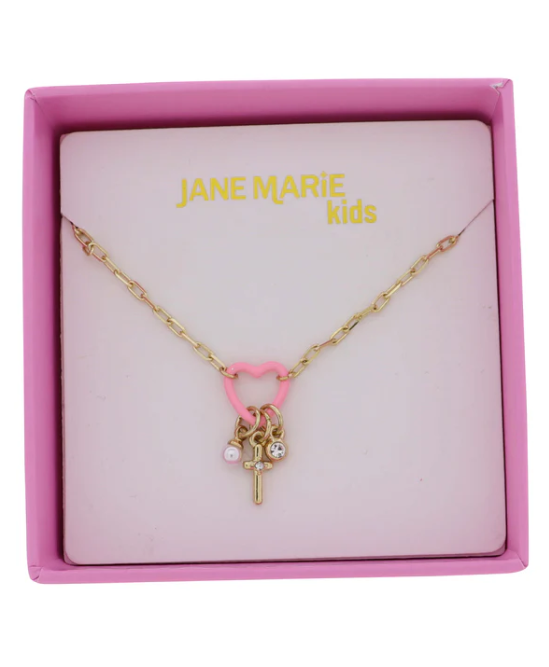Kids Gold Cable Chain Necklace with Pink Heart Clear Cross, Circle, Pearl