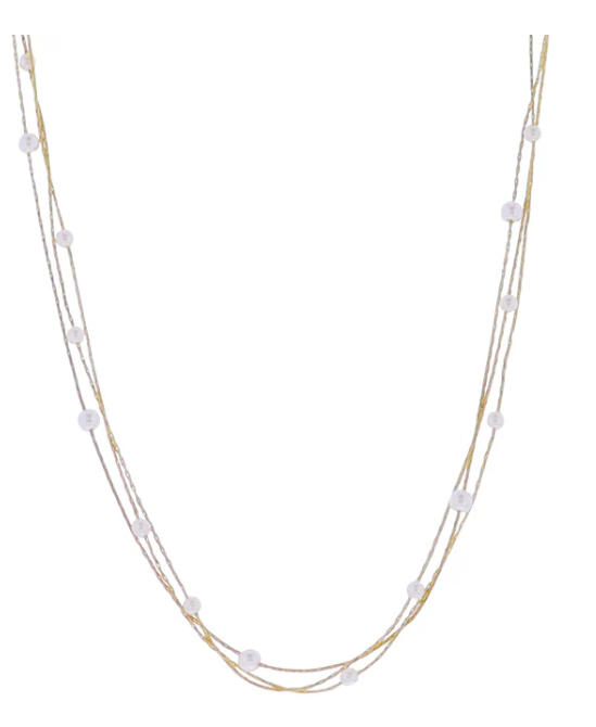 18k Gold Plated Thin Snake Chain 3 Layer Necklace with Pearl Stations