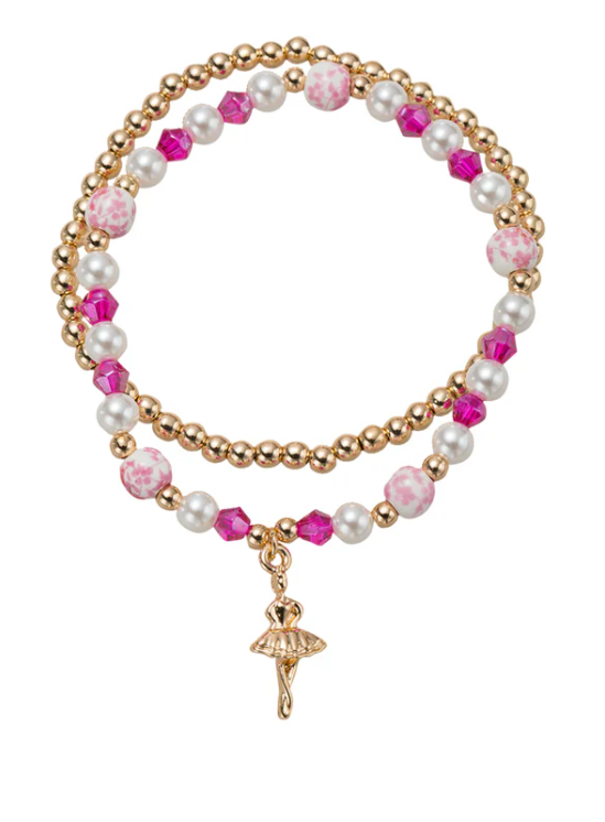 Set of 2 Beaded Stretch PInk Bracelet with Gold Ballerina