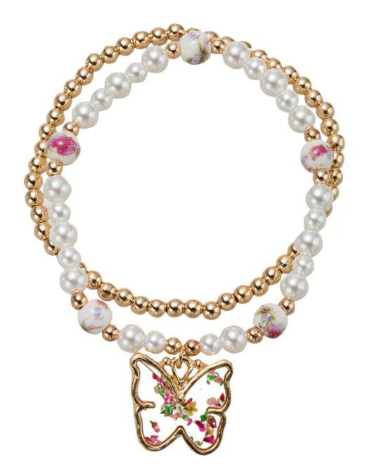 Set of 2 Beaded Stretch Gold/PInk/Pearl Bracelet with Butterfly