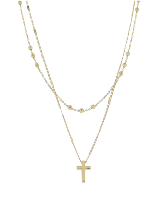 18K Gold Plated 2 Layer Flat Handmade & Ball Chain Necklace with Gold Cross