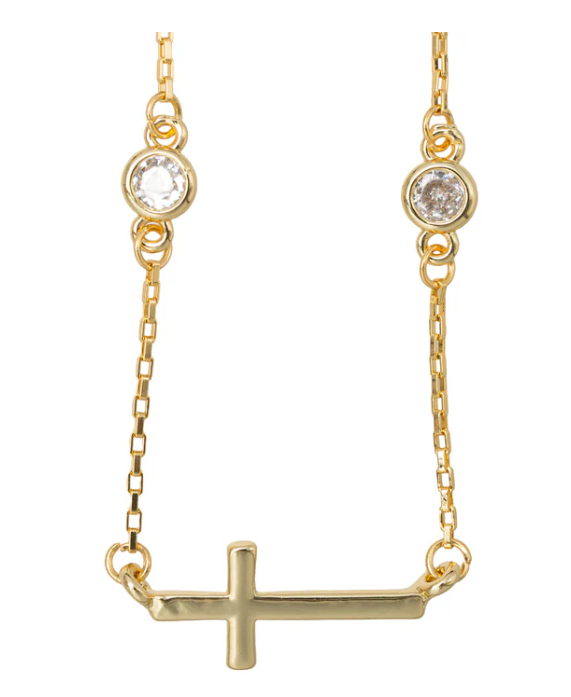 Kids 18K Gold Plated Long Box Chain Necklace with Gold Sidways Cross and Crystal Accents