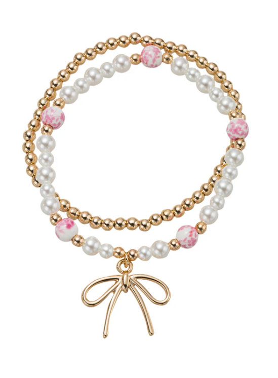 Set of 2 Beaded Stretch PInk/PearlBracelet with Gold Bow