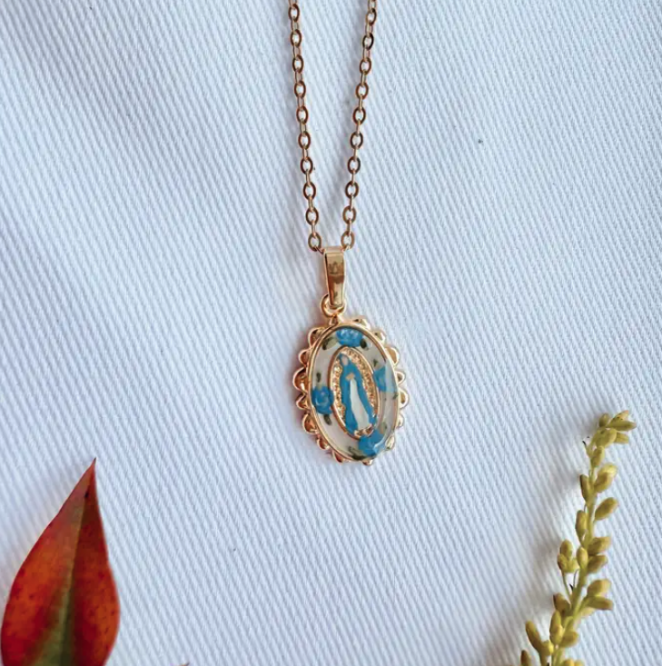 Dainty Our Lady in Blue Roses Necklace